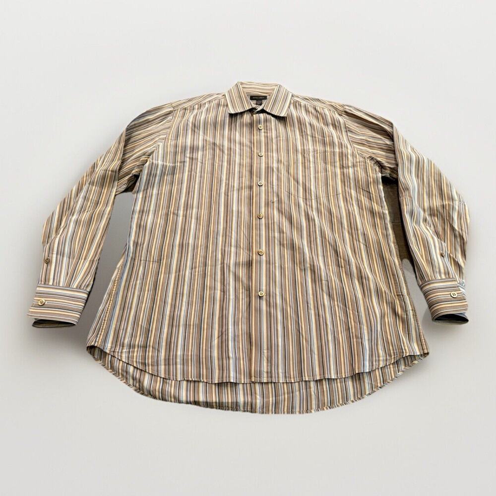 Martin Gordon Mens Brown Striped Button Up Long Sleeve Shirt Size L Large